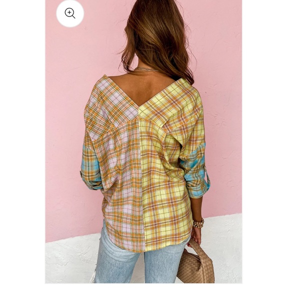 Fate Multicolored Plaid Double V Neck Button Front Shirt Roll Tank Sleeve Small - Picture 2 of 12